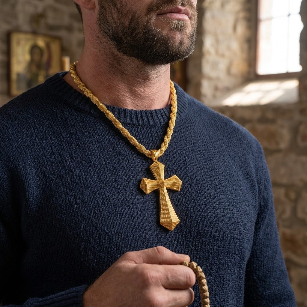 Collier Pendentif Croix Éthiopienne Torsadée — Grand Modèle Couleur Or
