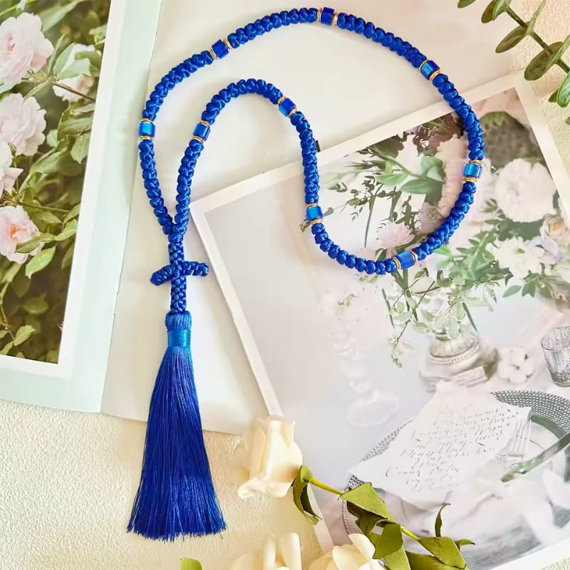 Chapelet orthodoxe grec en corde bleue 100 nœuds avec pompon