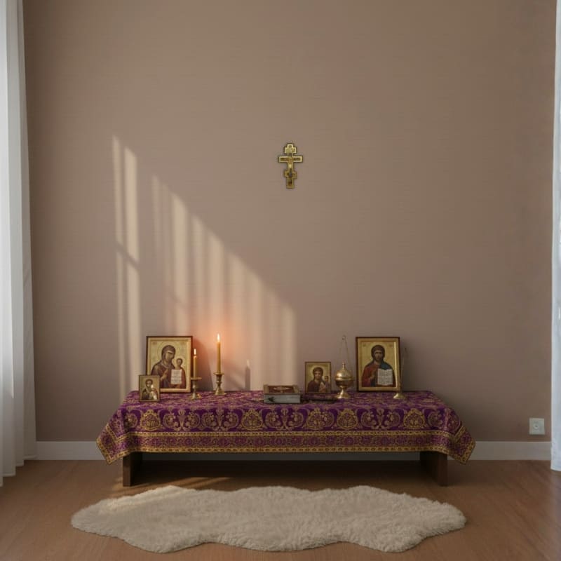 Croix orthodoxe en bois accrochée au mur au dessus d'un coin de prière