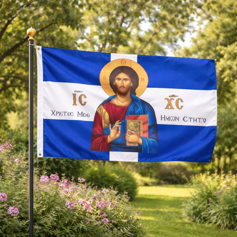 Drapeau orthodoxe Grec bleu avec Jésus accroché à l'extérieur dans un jardin