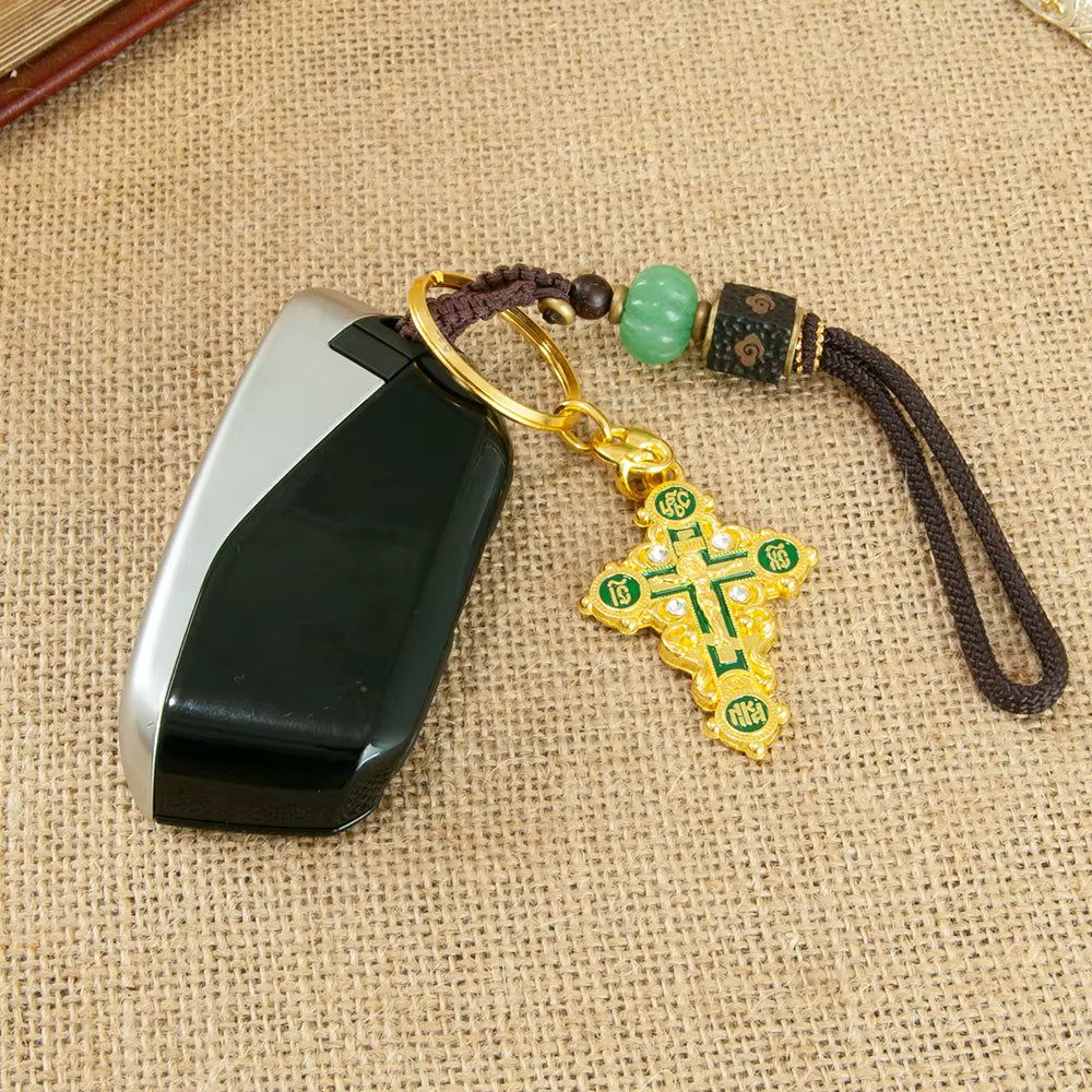 Porte-clés Croix Orthodoxe Plaqué Or — Icône Mini Jésus Crucifix