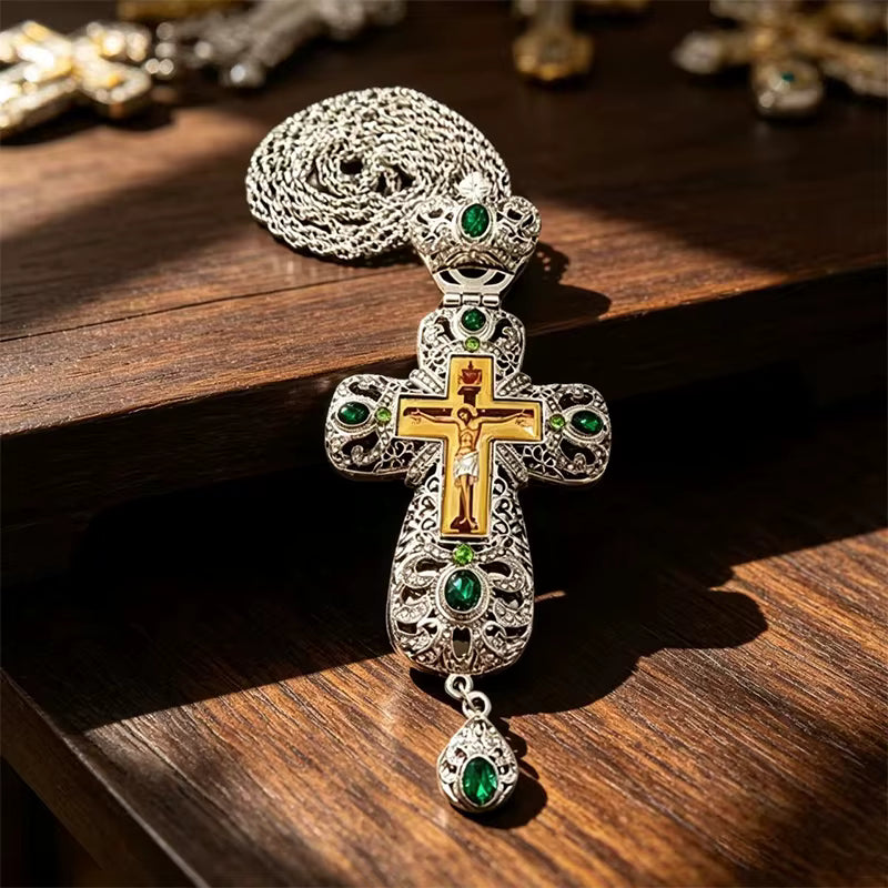 Croix Pectorale Orthodoxe Argentée, Pierres Vertes