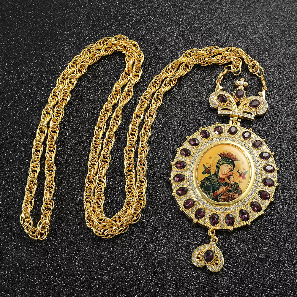 Icon Medallion Pendant of the Virgin Mary — Gold-Tone with Stones