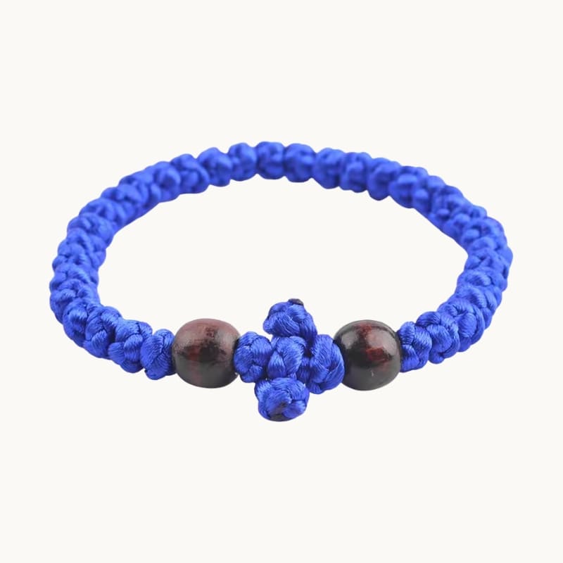 Vue de face d'un komboskini orthodoxe bleu en bracelet
