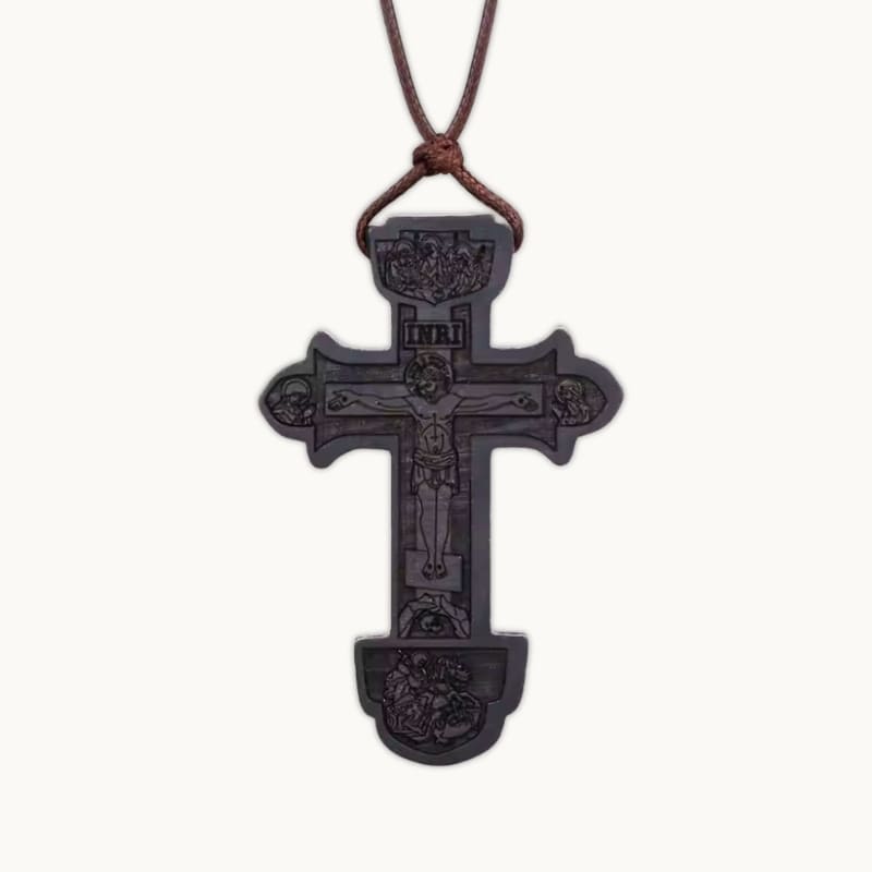 Collier croix orthodoxe noir en bois avec gravure INRI
