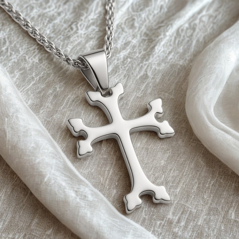 Croix arménienne argentée - pendentif chrétien traditionnel sur fond clair