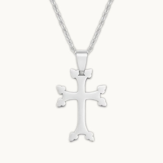 Pendentif croix arménienne finition argent sur chaîne - bijou arménien