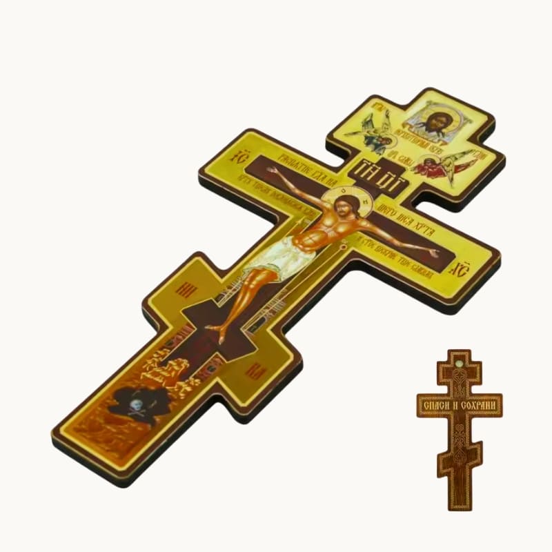 Croix en bois orthodoxe décorée recto verso style byzantin