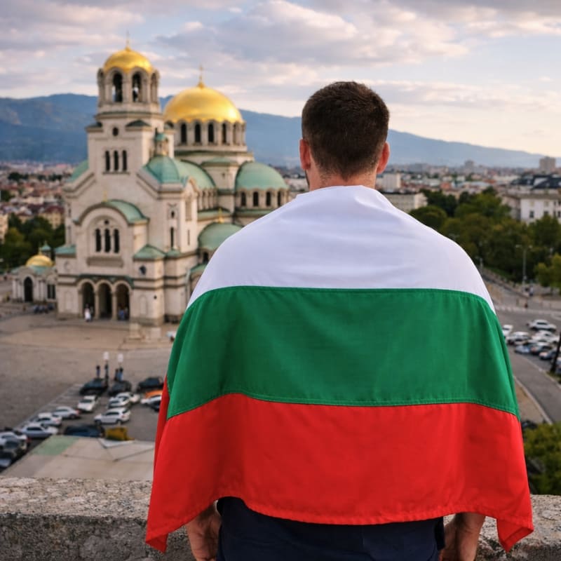 Drapeau de la Bulgarie sur les épaules d'un homme dans Sofia