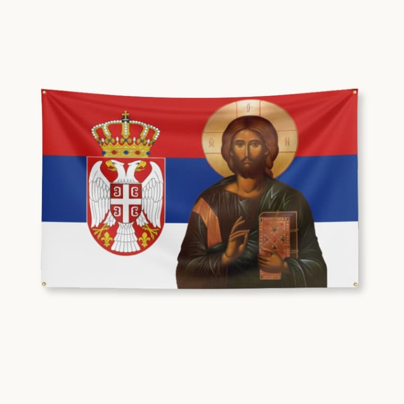 Drapeau national de la Serbie avec le Christ Pantocrator orthodoxe