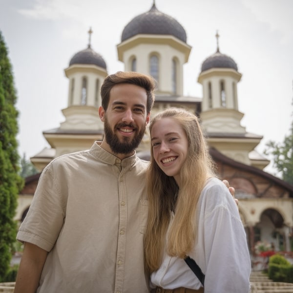 Elena et Stefan, fondateurs de la Boutique Orthodoxe, devant une église orthodoxe en Roumanie