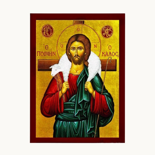 Icône orthodoxe du Christ Bon Pasteur en style byzantin avec brebis sur les épaules