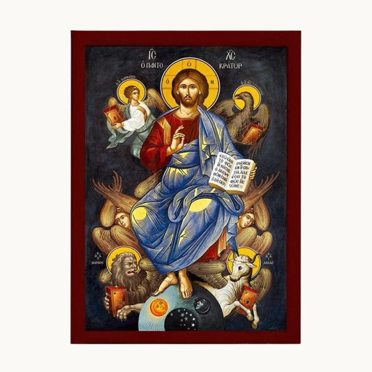 Icône orthodoxe du Christ Pantocrator en majesté de style byzantin assis sur son trône céleste