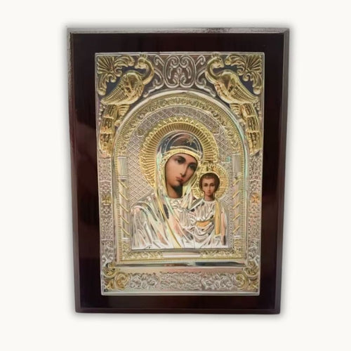 Icône orthodoxe de la Vierge Marie en bois et en métal avec dorure