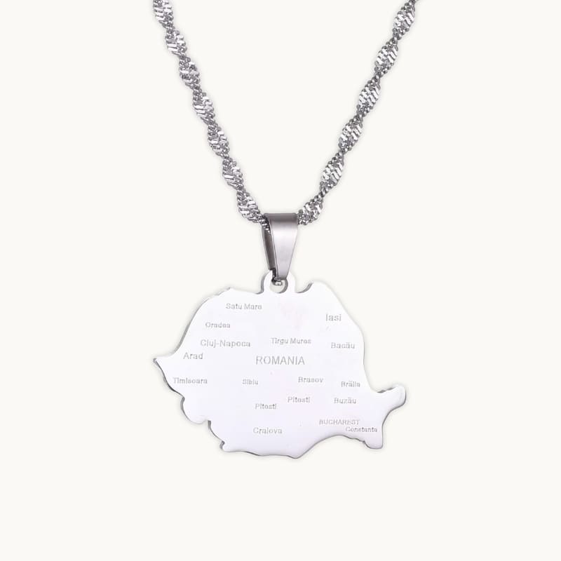 Pendentif carte de la Roumanie en finition argent, bijou élégant roumain