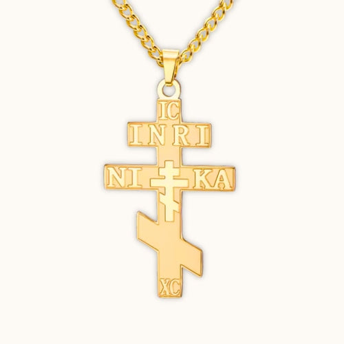 Pendentif croix orthodoxe russe doré NIKA en acier inoxydable avec chaîne