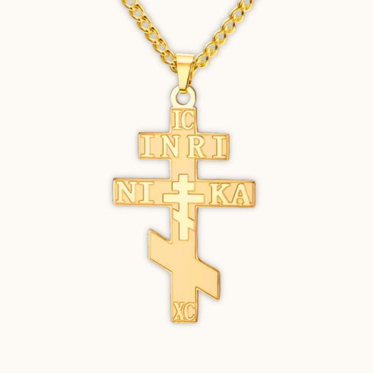 Pendentif croix orthodoxe russe doré NIKA en acier inoxydable avec chaîne