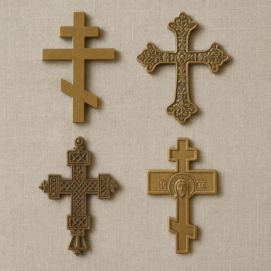 Quatre croix orthodoxes dorées de styles variés, présentées sur un fond texturé.