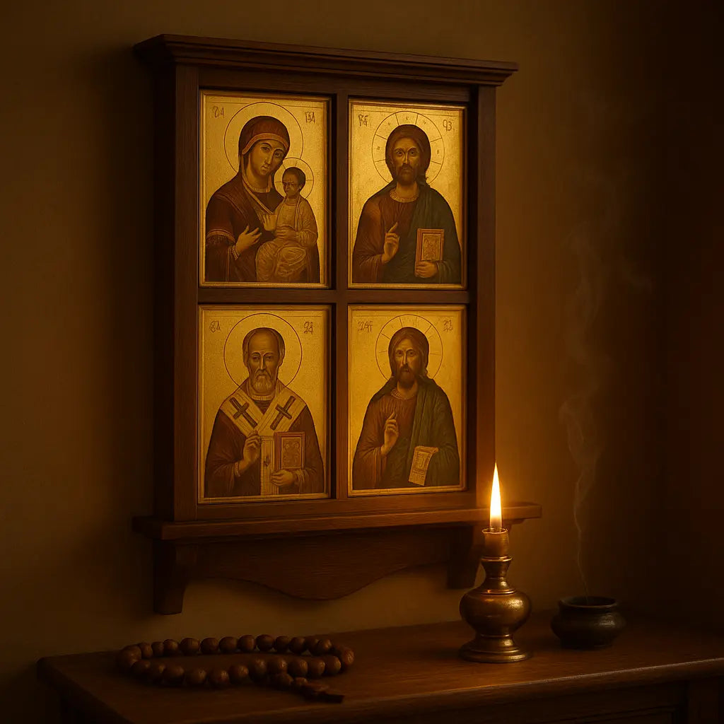 Tableau de la Sainte Famille avec une icône orthodoxe et un cierge allumé devant un coin de prière.
