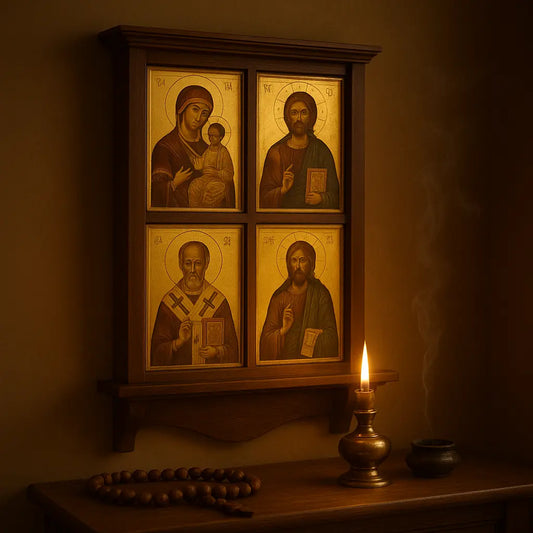 Tableau de la Sainte Famille avec une icône orthodoxe et un cierge allumé devant un coin de prière.