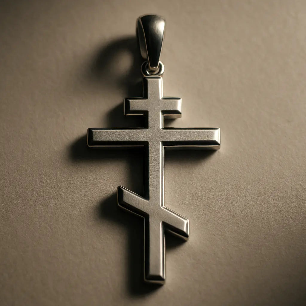 Croix orthodoxe à trois barres en argent, symbole de foi chrétienne.