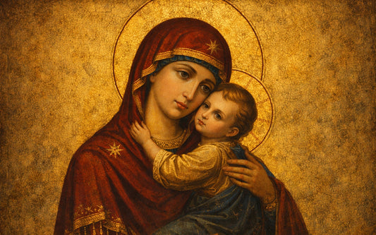 Icône orthodoxe de la Vierge Marie et de l'Enfant Jésus sur fond doré.