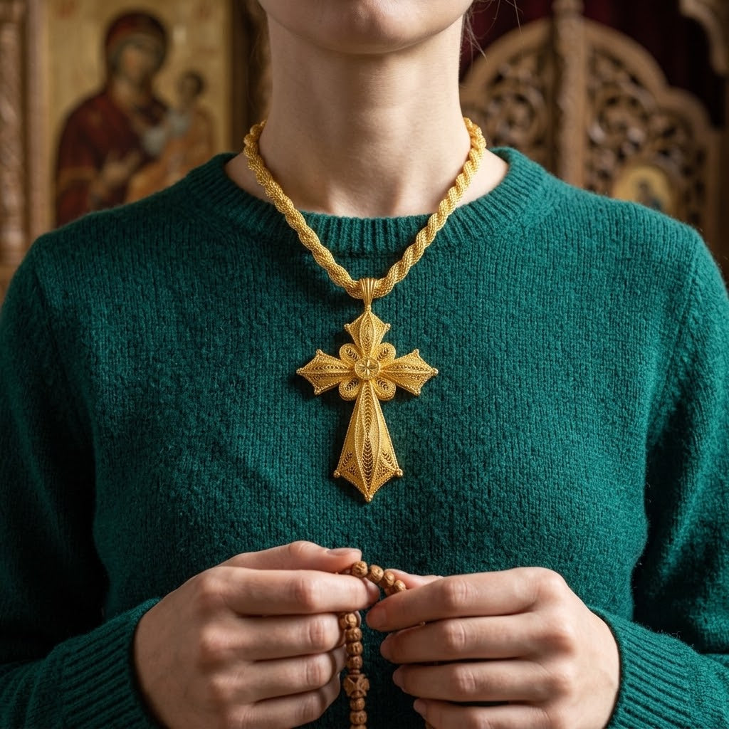 Collier Pendentif Croix Éthiopienne Filigrane — Rosette Dorée