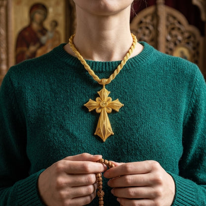 Collier Pendentif Croix Éthiopienne Filigrane — Rosette Dorée