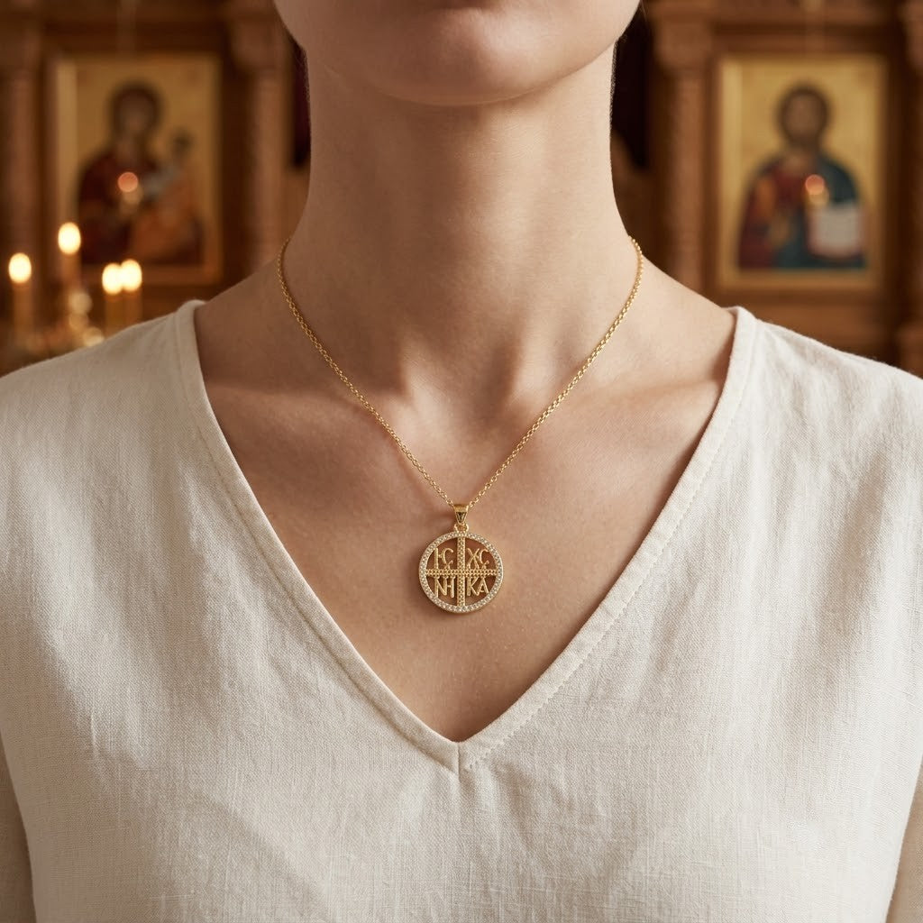 Médaillon "IC XC NIKA" Idée Cadeau, Plaqué Or
