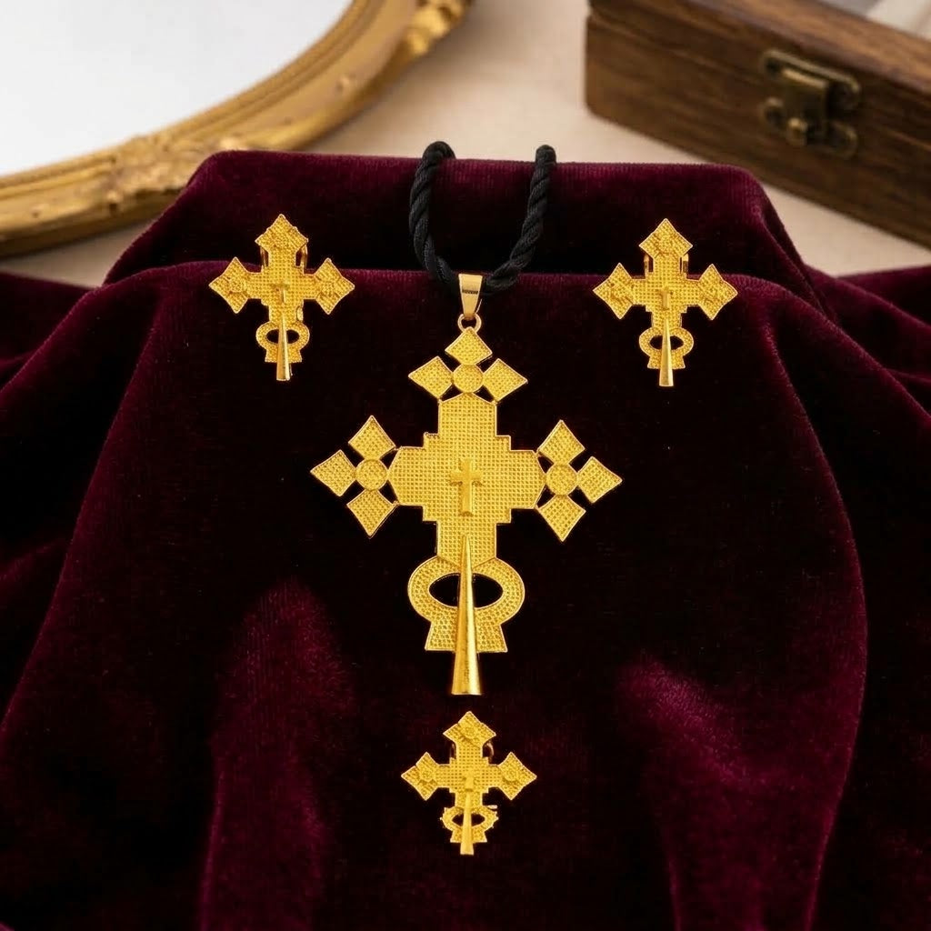 Grande Croce Etiope Habesha — Ciondolo, Orecchini e Anello Color Oro