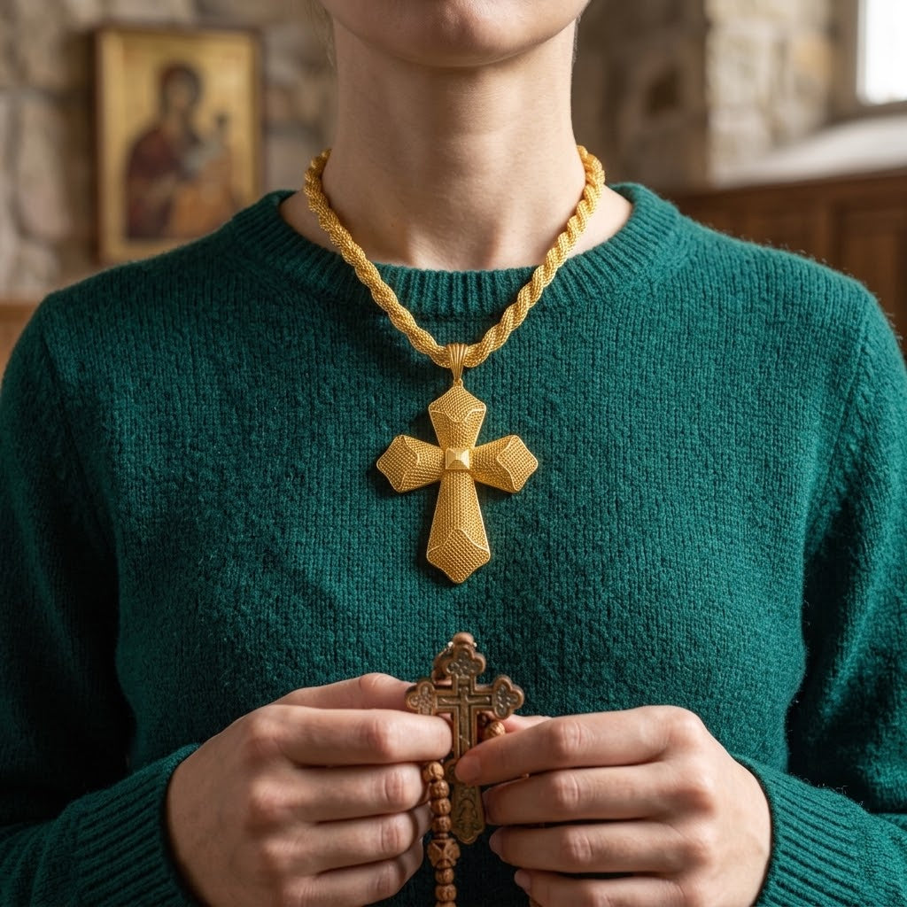 Collier Pendentif Croix Éthiopienne Médaillon — Grand Modèle Couleur Or