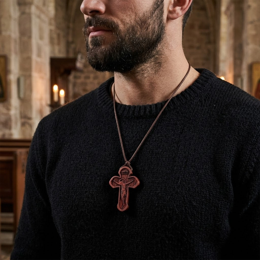 Russian Orthodox Cross Necklace in Ebony Wood