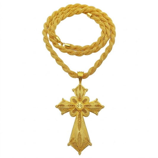 Collier Pendentif Croix Éthiopienne Filigrane — Rosette Dorée