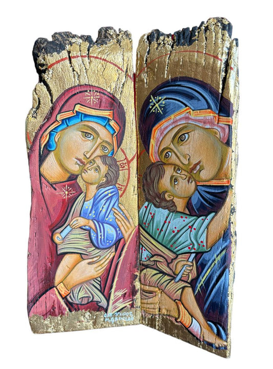 Icône Diptyque Christ et Vierge Marie — Halo en Or 24 Carats