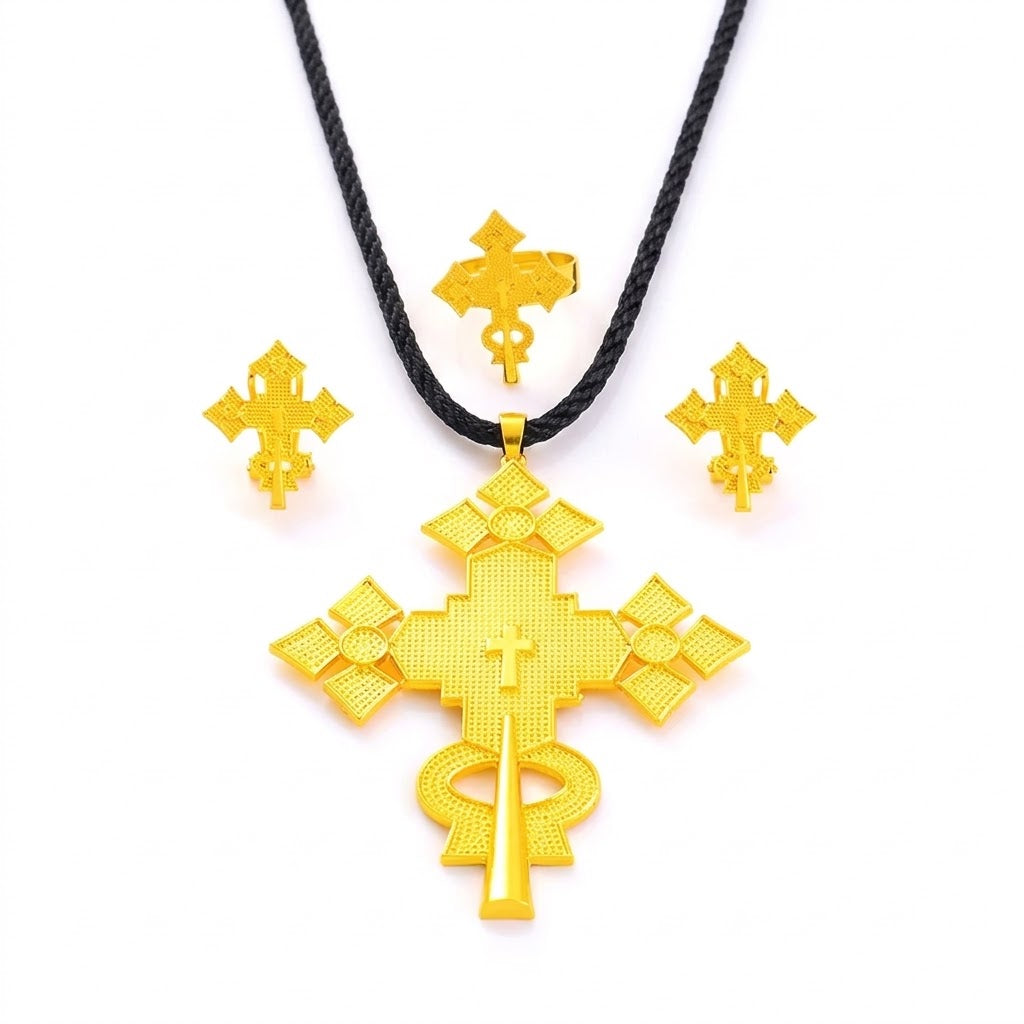 Grande Croce Etiope Habesha — Ciondolo, Orecchini e Anello Color Oro