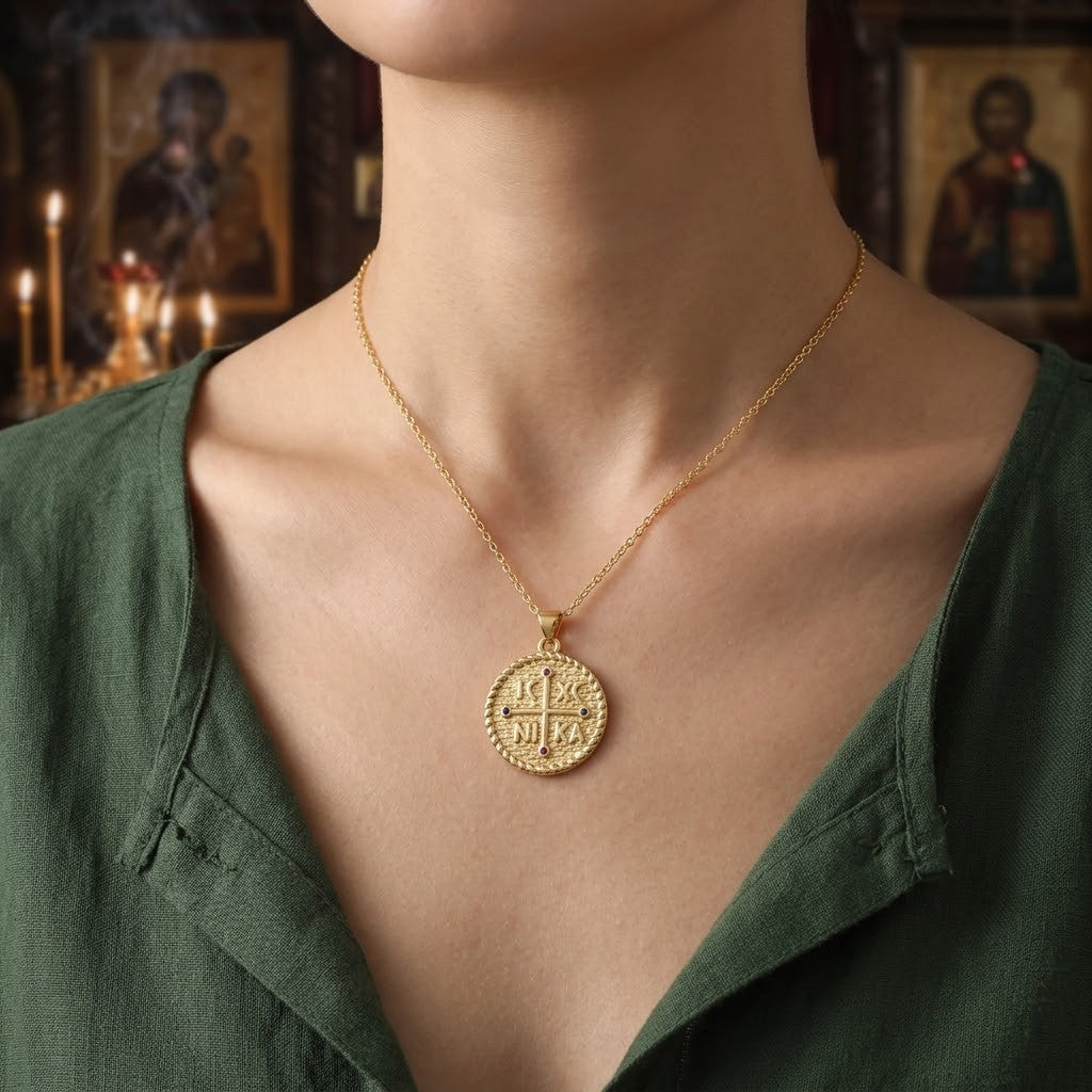 Byzantine Cross Medallion "IC XC NIKA" Gold Plated