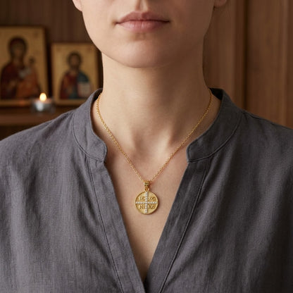 Médaillon "IC XC NIKA" Croix Pavée de Strass, Plaqué Or