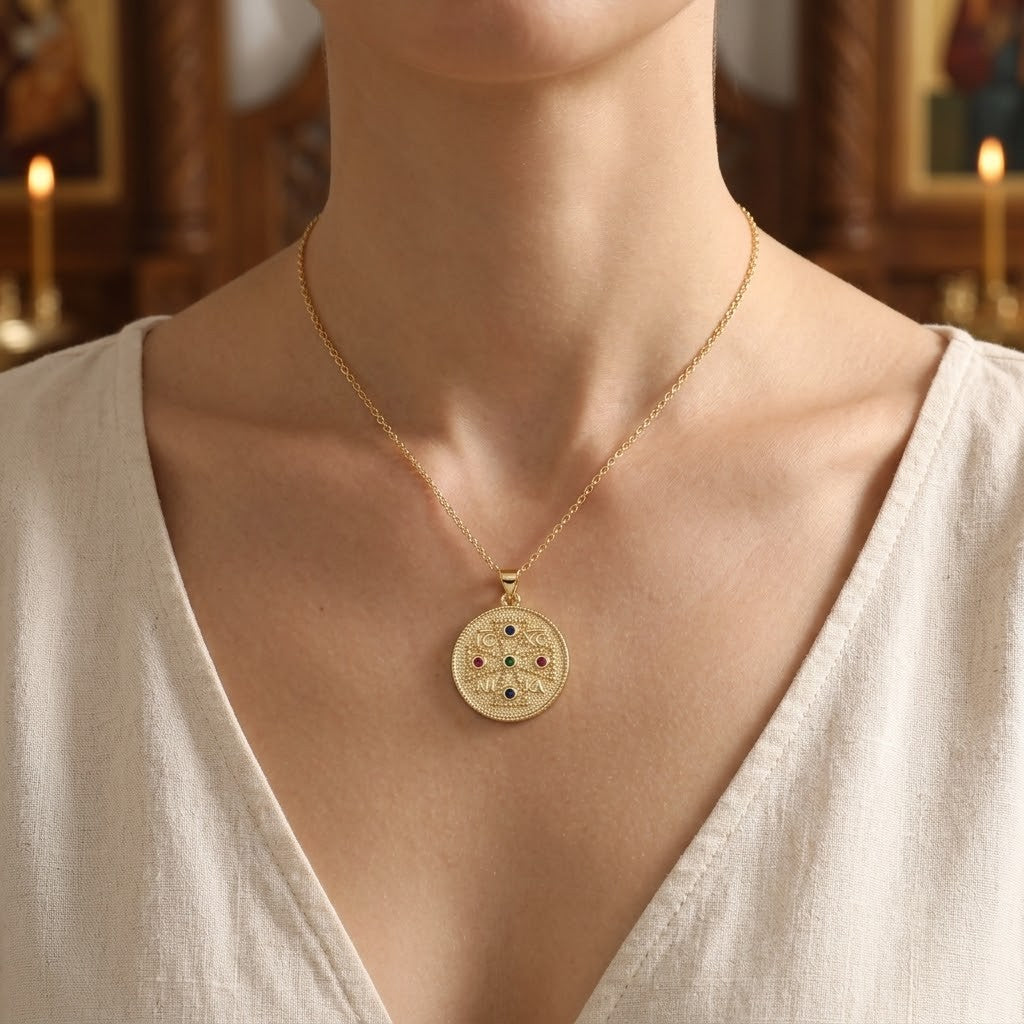 Médaillon "IC XC NIKA" Zircons Colorés, Plaqué Or