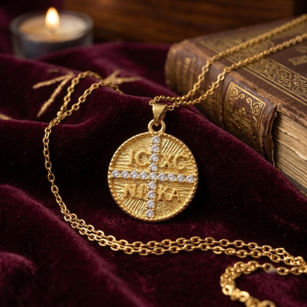 Médaillon "IC XC NIKA" Croix Pavée de Strass, Plaqué Or