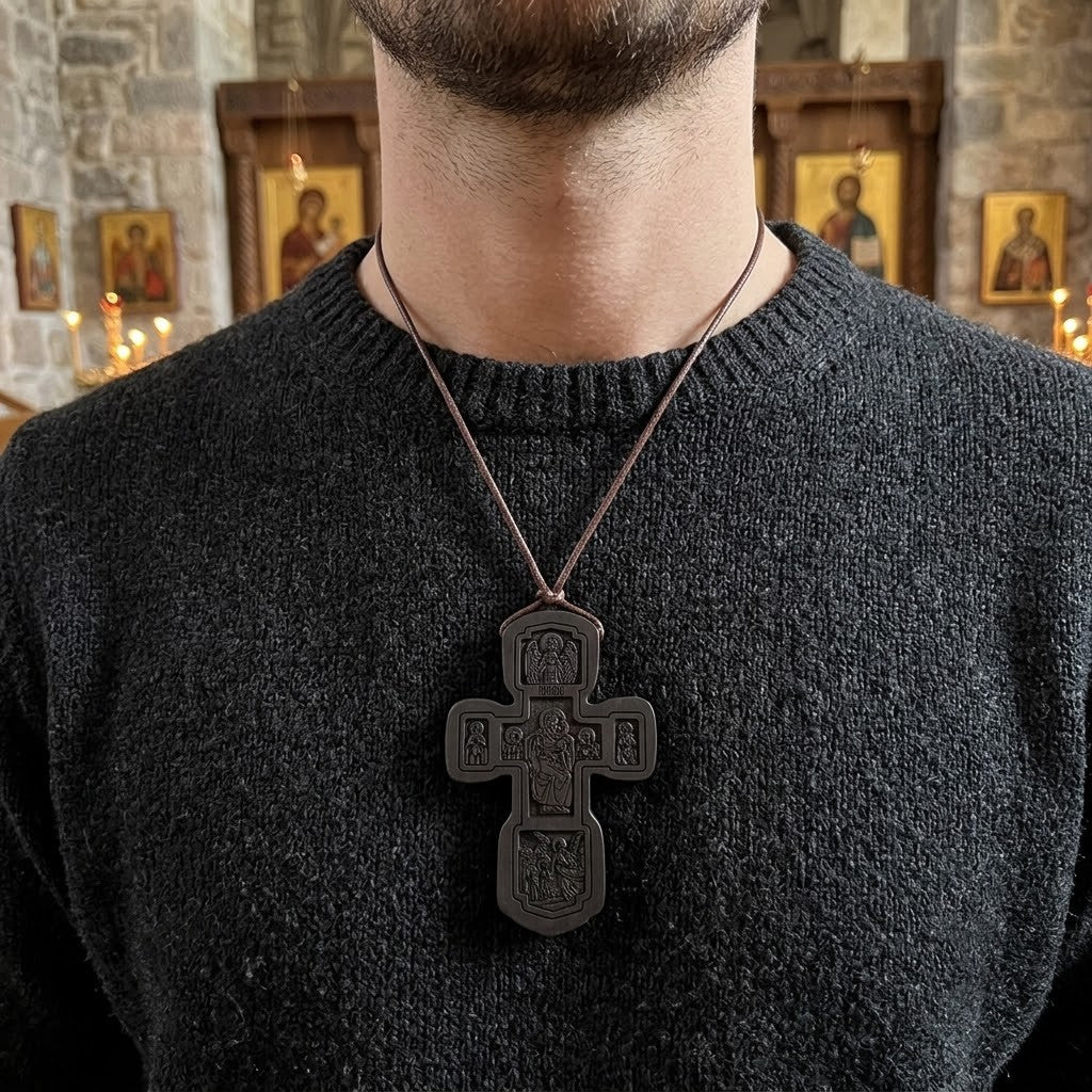 Croix en Bois Orthodoxe — Cordon Cuir Ajustable
