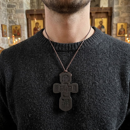 Croix en Bois Orthodoxe — Cordon Cuir Ajustable