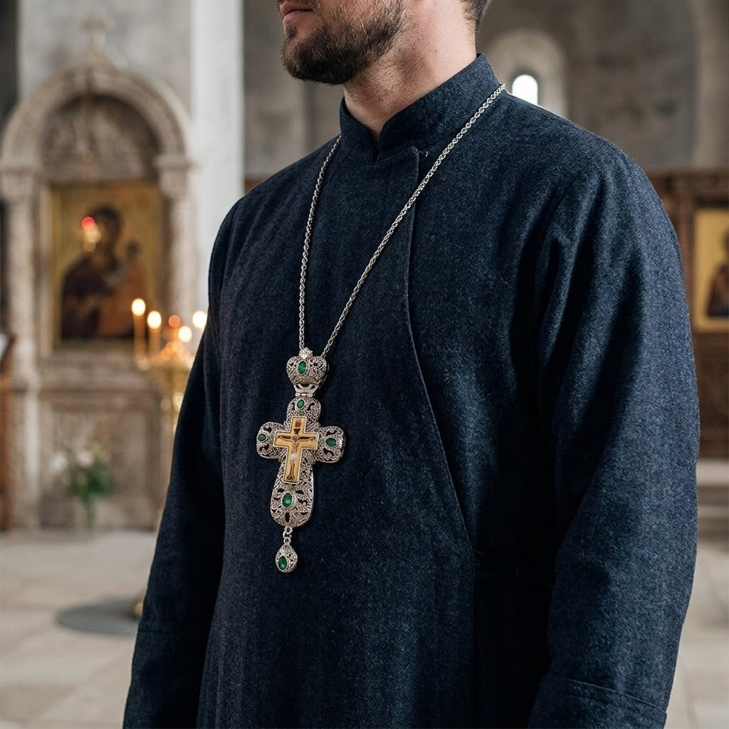 Croix Pectorale Orthodoxe Argentée, Pierres Vertes