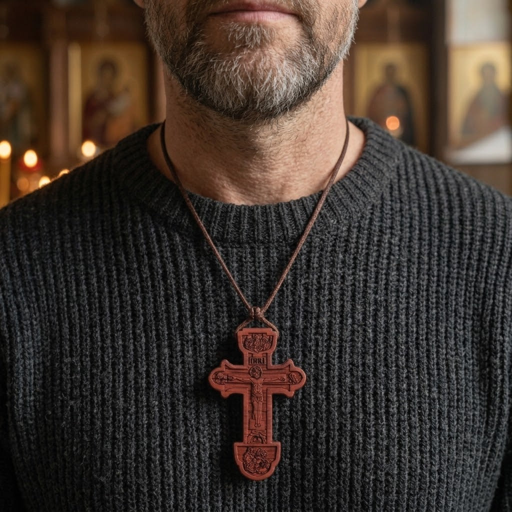 Halskette Orthodoxes Kreuz aus Braunem Holz mit INRI-Gravur