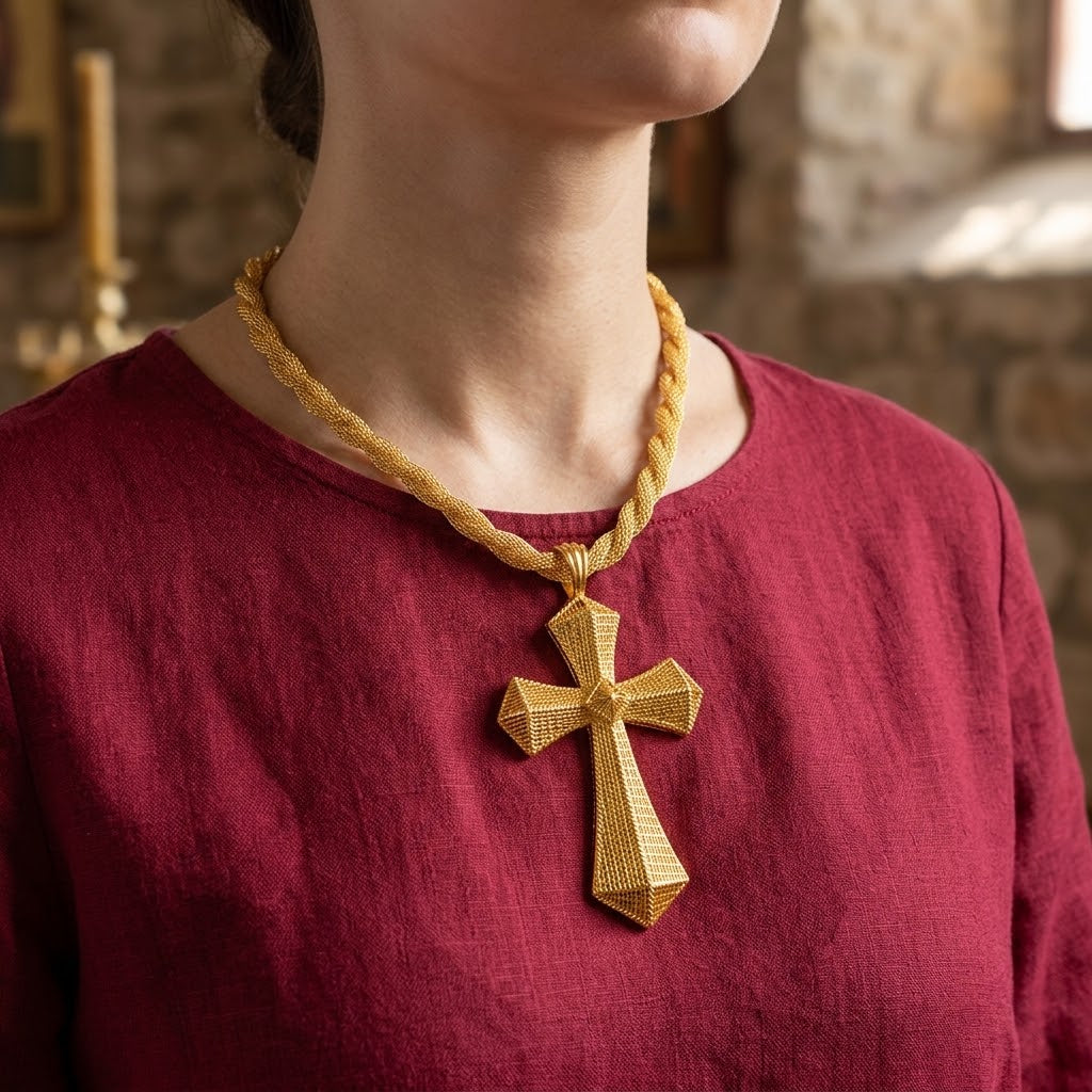Collier Pendentif Croix Éthiopienne Torsadée — Grand Modèle Couleur Or