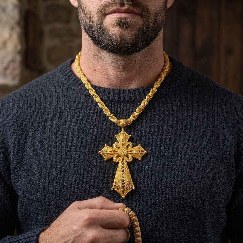 Collier Pendentif Croix Éthiopienne Filigrane — Rosette Dorée