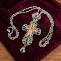 Croix Pectorale Orthodoxe Argentée, Pierres Vertes