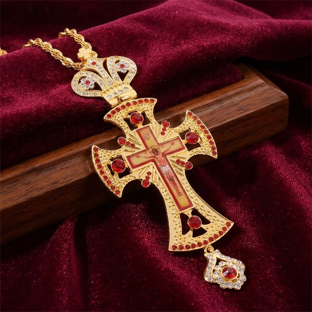 Long Pendant Necklace, Gold-Tone Pectoral Cross — Crucifixion, Red Stones, Worn Low