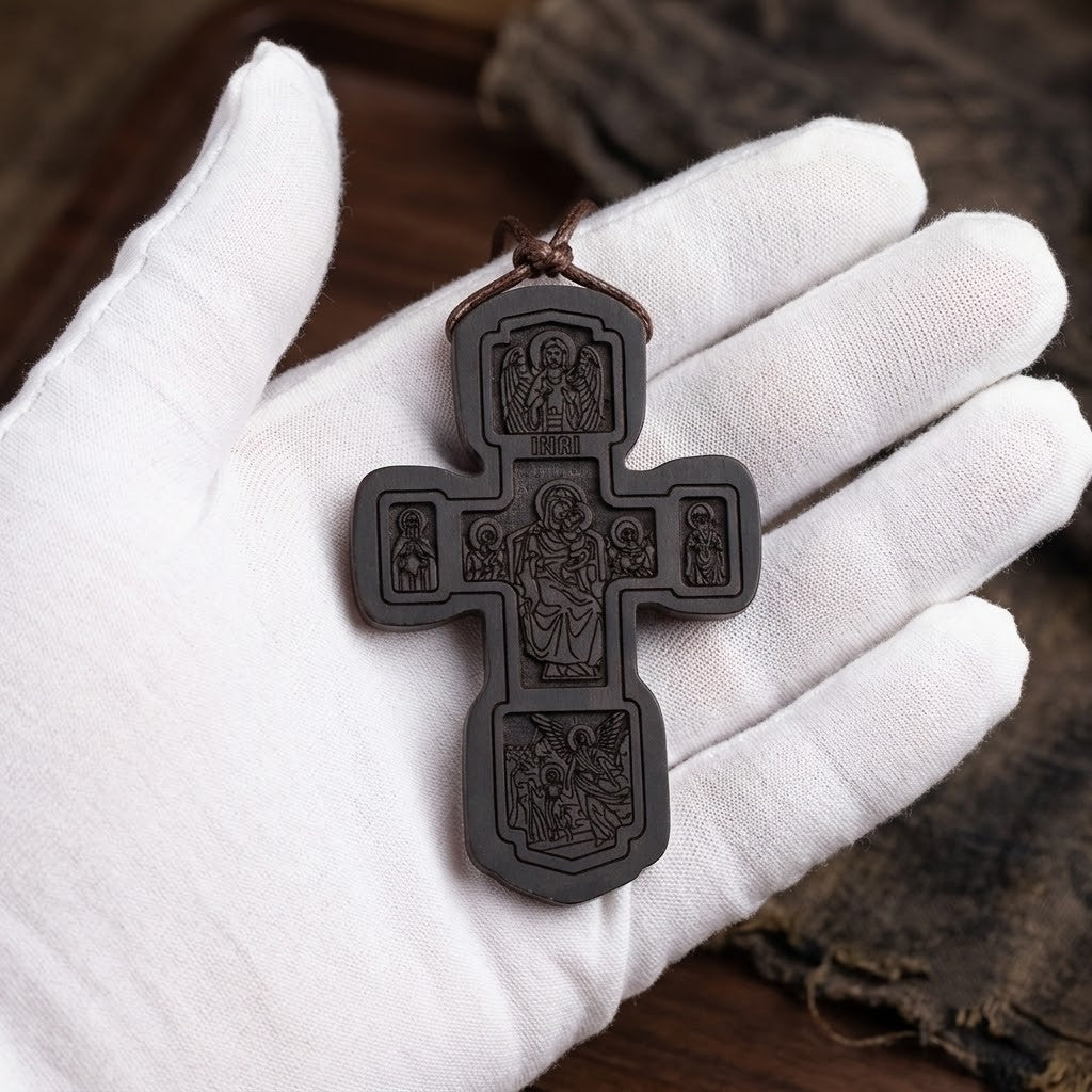 Croix en Bois Orthodoxe — Cordon Cuir Ajustable
