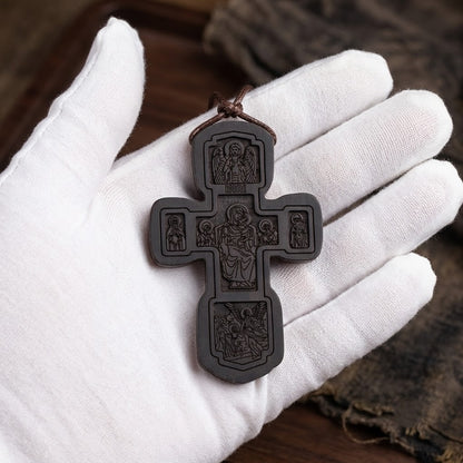 Croix en Bois Orthodoxe — Cordon Cuir Ajustable