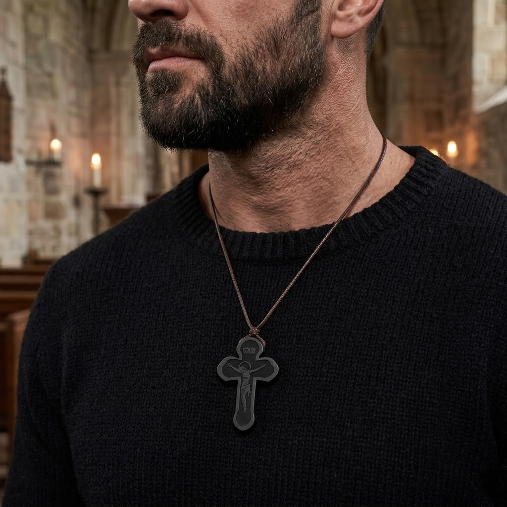 Russian Orthodox Cross Necklace in Ebony Wood